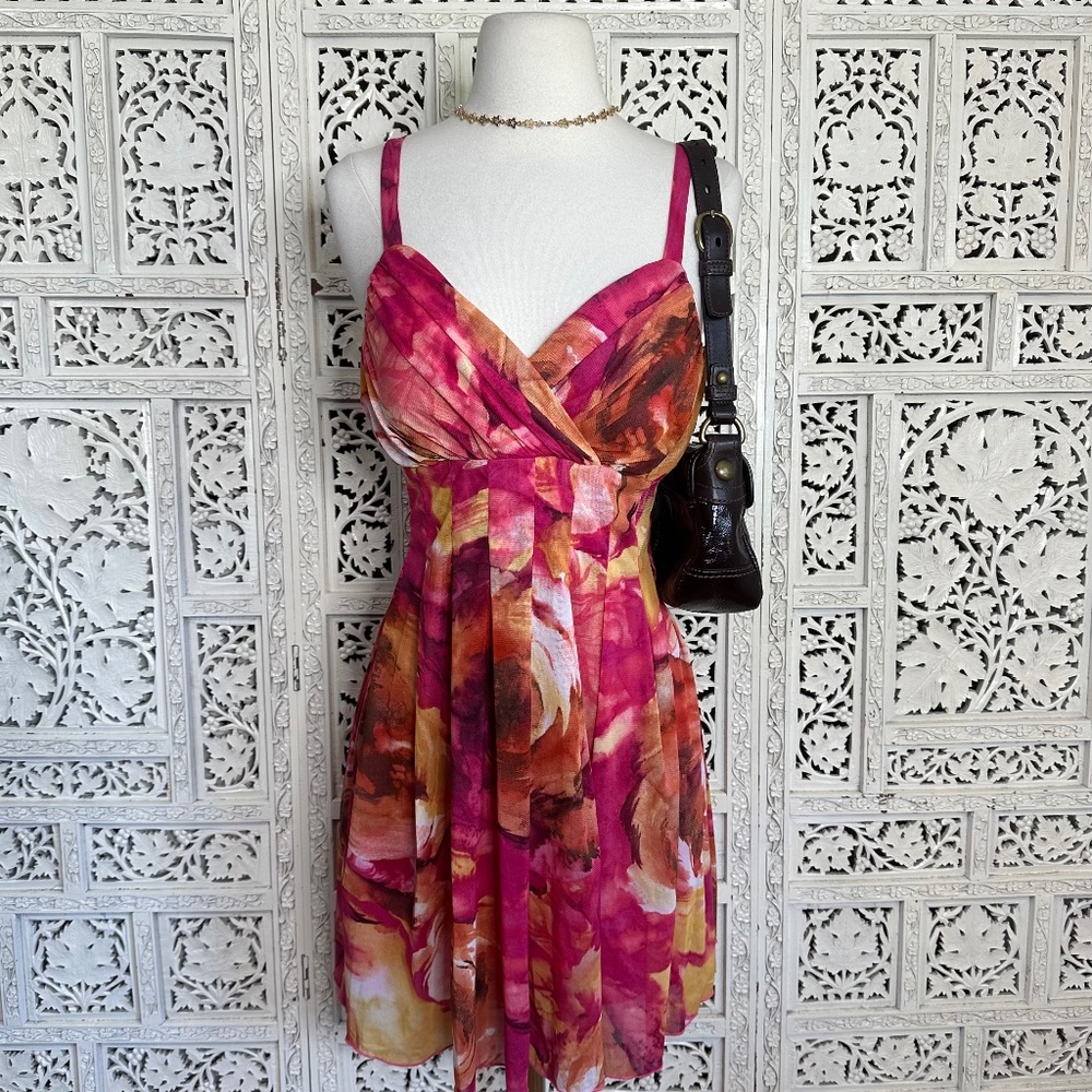 Y2K Pink & Orange Pleated‎ V Neck Colorful Watercolor Sleeveless Dress Sz Medium